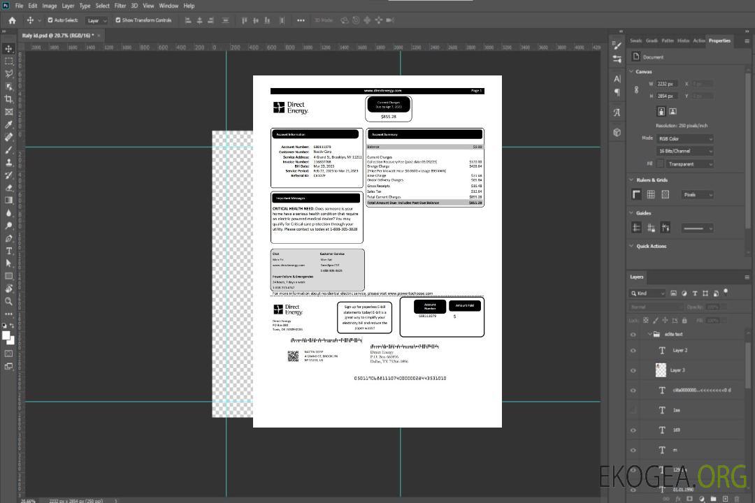 Facture commerciale de service public de Texas Direct Energy, modèle Word et PDF template